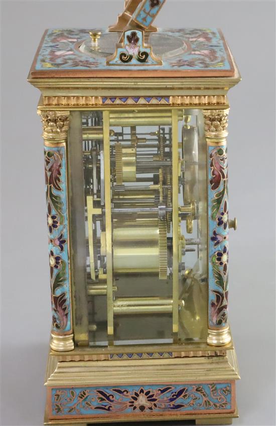 An early 20th century French ormolu and champleve enamel hour repeating carriage alarum clock, height 7.5in.